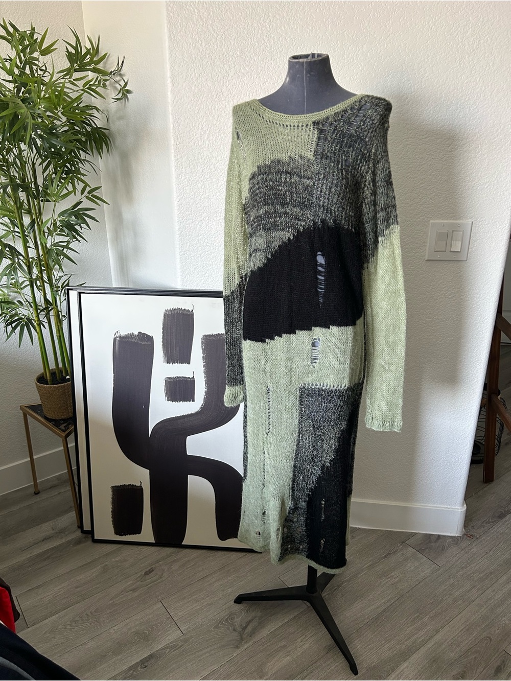 Cider Long Sleeve Patchwork Knit Dress in Olive Green and Black